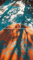 Aufkleber - Clean and modern illustration of a basketball court with circular hoops and geometric ball shapes in bright orange and blue Stock Photo with copy space