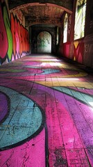 Aufkleber - Abstract breaking dance floor with graffiti-style elements and geometric dance moves in bright purple and green tones Stock Photo with copy space