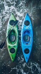 Aufkleber - Streamlined canoe and kayak on water courses with wave patterns in bright blue and green Stock Photo with copy space