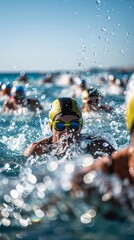 Aufkleber - Abstract marathon swimming course with wave-like patterns and streamlined swimmer shapes in bright blue and green Stock Photo with copy space