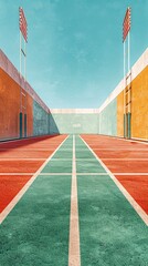 Aufkleber - Clean rugby sevens field with geometric goalposts and oval ball shapes in bright red and green tones Stock Photo with copy space