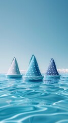 Aufkleber - Minimalist sailing boats and sails with wave patterns and triangular sail shapes in bright blue and white Stock Photo with copy space