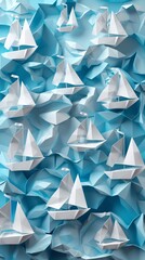 Aufkleber - Minimalist sailing boats and sails with wave patterns and triangular sail shapes in bright blue and white Stock Photo with copy space