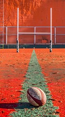 Aufkleber - Clean rugby sevens field with geometric goalposts and oval ball shapes in bright red and green tones Stock Photo with copy space
