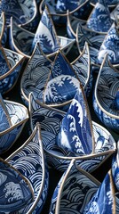Aufkleber - Minimalist sailing boats and sails with wave patterns and triangular sail shapes in bright blue and white Stock Photo with copy space