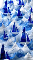Aufkleber - Minimalist sailing boats and sails with wave patterns and triangular sail shapes in bright blue and white Stock Photo with copy space