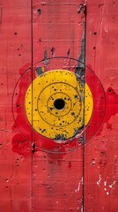 Aufkleber - Simple shooting targets and guns with circular target patterns and straight range lines in bright red and yellow Stock Photo with copy space