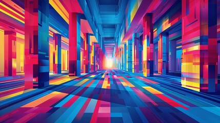 Aufkleber - Minimalist geometric illustration of an archery field with targets and bows in vibrant blue and red hues showcasing clean, precise lines Stock Photo with copy space