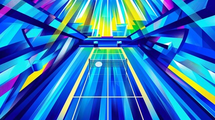 Aufkleber - Clean geometric depiction of a badminton court with minimalist net and shuttlecock designs in bright blue and green tones Stock Photo with copy space