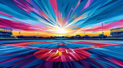 Aufkleber - Simple geometric illustration of a baseball field with diamond shapes, bats, balls, and gloves using vibrant red and purple hues Stock Photo with copy space