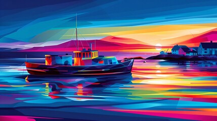 Aufkleber - Abstract representation of canoe and kayak on water with sleek boat shapes and wave patterns in bright green and purple tones Stock Photo with copy space
