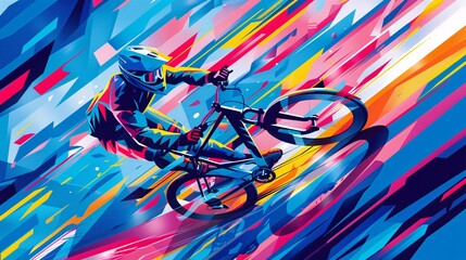 Aufkleber - Minimalist geometric illustration of a cycling track with bikes in curved and streamlined forms using vibrant red and blue colors Stock Photo with copy space