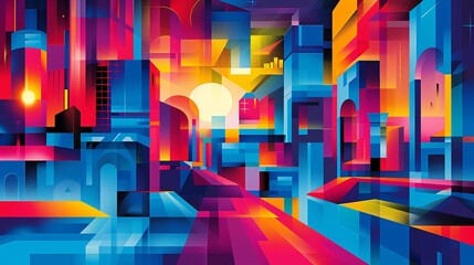 Aufkleber - Abstract cubist-style illustration of equestrian elements such as horses and jumps using geometric shapes and warm colors like red and purple Stock Photo with copy space