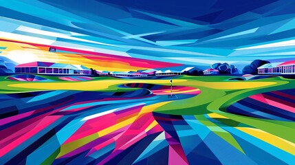 Aufkleber - Abstract illustration of a golf course with geometric fairway patterns and minimalist club shapes using bright green and purple tones Stock Photo with copy space