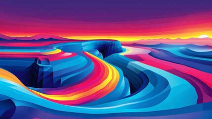 Aufkleber - Abstract illustration of a golf course with geometric fairway patterns and minimalist club shapes using bright green and purple tones Stock Photo with copy space