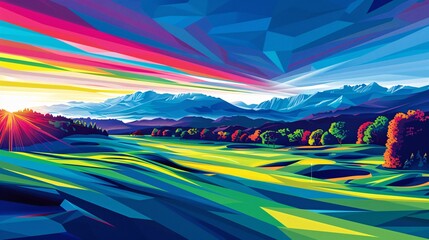 Aufkleber - Abstract illustration of a golf course with geometric fairway patterns and minimalist club shapes using bright green and purple tones Stock Photo with copy space