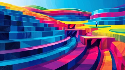 Aufkleber - Abstract illustration of a golf course with geometric fairway patterns and minimalist club shapes using bright green and purple tones Stock Photo with copy space