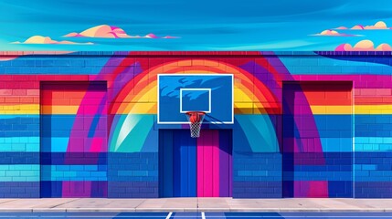 Poster - Cubist-style handball court with clean lines and circular goal patterns in vibrant blue and red colors Stock Photo with copy space