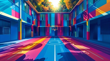 Poster - Cubist-style handball court with clean lines and circular goal patterns in vibrant blue and red colors Stock Photo with copy space