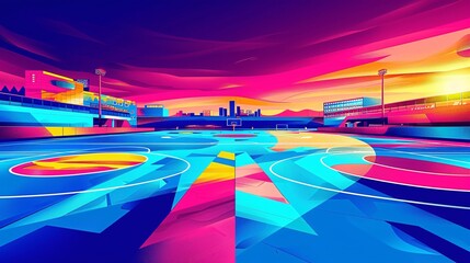 Poster - Cubist-style handball court with clean lines and circular goal patterns in vibrant blue and red colors Stock Photo with copy space