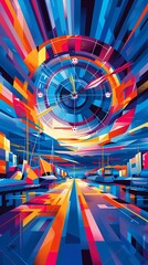 Poster - Minimalist geometric illustration of a grand archery field with targets and bows in bright blue and red colors using clean and precise lines Stock Photo with copy space