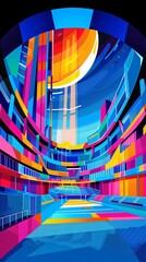 Aufkleber - Abstract cubist-style depiction of artistic gymnastics apparatus such as rings, bars, and beams in vibrant green and purple hues with a focus on clean lines Stock Photo with copy space