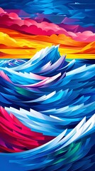 Aufkleber - Geometric illustration of synchronized swimming pools with artistic water patterns in fluid wave-like shapes using bright blue and green tones Stock Photo with copy space