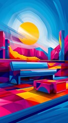 Aufkleber - Minimalist depiction of a track and field setup featuring hurdles, javelins, and starting blocks with geometric patterns and vibrant red and purple colors Stock Photo with copy space