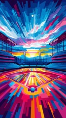 Aufkleber - Simple geometric illustration of a baseball field with diamond shapes, bats, balls, and gloves in vibrant red and purple colors Stock Photo with copy space