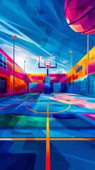 Aufkleber - Minimalist depiction of a basketball court including hoops and balls with clean lines and bright blue and green colors Stock Photo with copy space