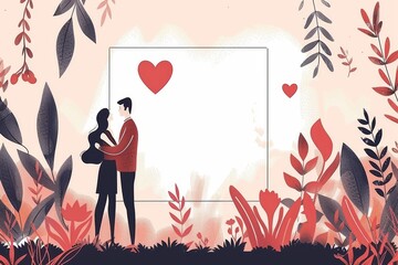 Wall Mural - Artistic illustration of a couple in love with floral and heart elements symbolizing romance and togetherness