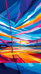Aufkleber - Geometric illustration of a beach volleyball court with sand, nets, and volleyballs featuring wave-like sand patterns in warm colors like orange and red Stock Photo with copy space