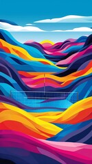 Aufkleber - Geometric illustration of a beach volleyball court with sand, nets, and volleyballs featuring wave-like sand patterns in warm colors like orange and red Stock Photo with copy space