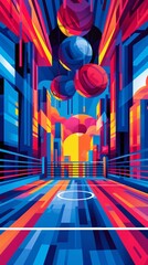 Poster - Cubist-style boxing ring with square rings and circular gloves in minimalist red and blue color scheme Stock Photo with copy space