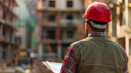 Wall Mural - Back view of a construction supervisor reviewing plans at a building site