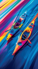 Aufkleber - Abstract representation of canoe and kayak on water with sleek boat shapes and wave patterns in bright green and purple tones Stock Photo with copy space