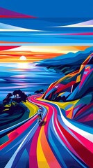 Aufkleber - Minimalist geometric illustration of a cycling track with bikes in curved and streamlined forms using vibrant red and blue colors Stock Photo with copy space