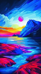 Aufkleber - Minimalist geometric illustration of a cycling track with bikes in curved and streamlined forms using vibrant red and blue colors Stock Photo with copy space
