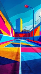 Poster - minimalist fencing pistes with straight lines, swords, and masks highlighted in clean, bright colors