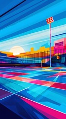 Poster - minimalist fencing pistes with straight lines, swords, and masks highlighted in clean, bright colors