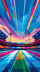 Poster - minimalist fencing pistes with straight lines, swords, and masks highlighted in clean, bright colors