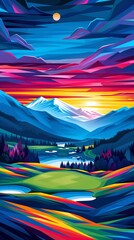 Poster - abstract illustration of a golf course with geometric fairway patterns and minimalist club shapes us