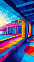 Poster - Cubist-style handball court with clean lines and circular goal patterns in vibrant blue and red colors Stock Photo with copy space