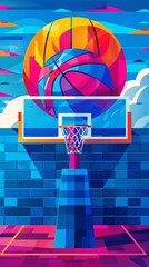 Poster - Cubist-style handball court with clean lines and circular goal patterns in vibrant blue and red colors Stock Photo with copy space