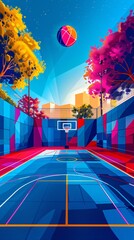 Poster - Cubist-style handball court with clean lines and circular goal patterns in vibrant blue and red colors Stock Photo with copy space