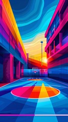Poster - Cubist-style handball court with clean lines and circular goal patterns in vibrant blue and red colors Stock Photo with copy space