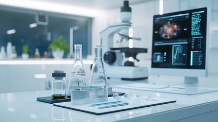 Modern Lab Interior: A pristine, sterile lab space with a computer displaying a futuristic interface, a microscope