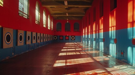 Poster - Minimalist geometric illustration of an archery field featuring targets and bows with clean lines and bright colors like blue and red Stock Photo with copy space