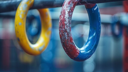 Aufkleber - Cubist-style artistic gymnastics apparatus including rings, bars, and beams with a focus on clean lines and geometric shapes in vibrant colors Stock Photo with copy space