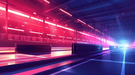 Aufkleber - Geometric illustration of a track and field with streamlined equipment like hurdles and javelins, using bright red and purple hues Stock Photo with copy space
